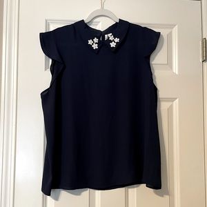 Elle Navy Blouse with Pearl Flower Details